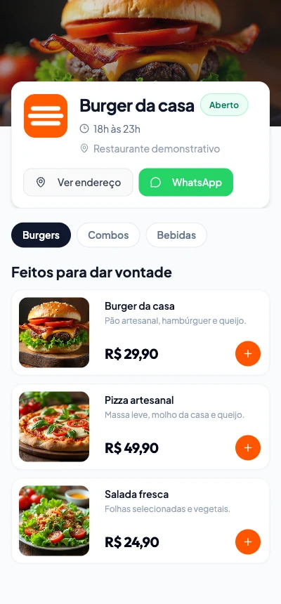 Tela demonstrativa do cardápio público com fotos de produtos e categorias.